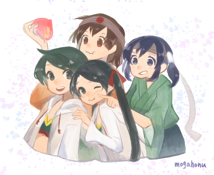 4girls :t alternate_costume bikini black_hair blue_hair brown_hair cheek_poking food food_in_mouth fruit hair_ribbon headband hiryuu_(kantai_collection) holding holding_food jacket japanese_clothes kantai_collection kimono long_hair long_sleeves mikuma_(kantai_collection) mogami_(kantai_collection) mogamiya_honu multiple_girls one_eye_closed open_mouth poking remodel_(kantai_collection) ribbon short_hair signature smile souryuu_(kantai_collection) swimsuit twintails upper_body white_jacket wide_sleeves