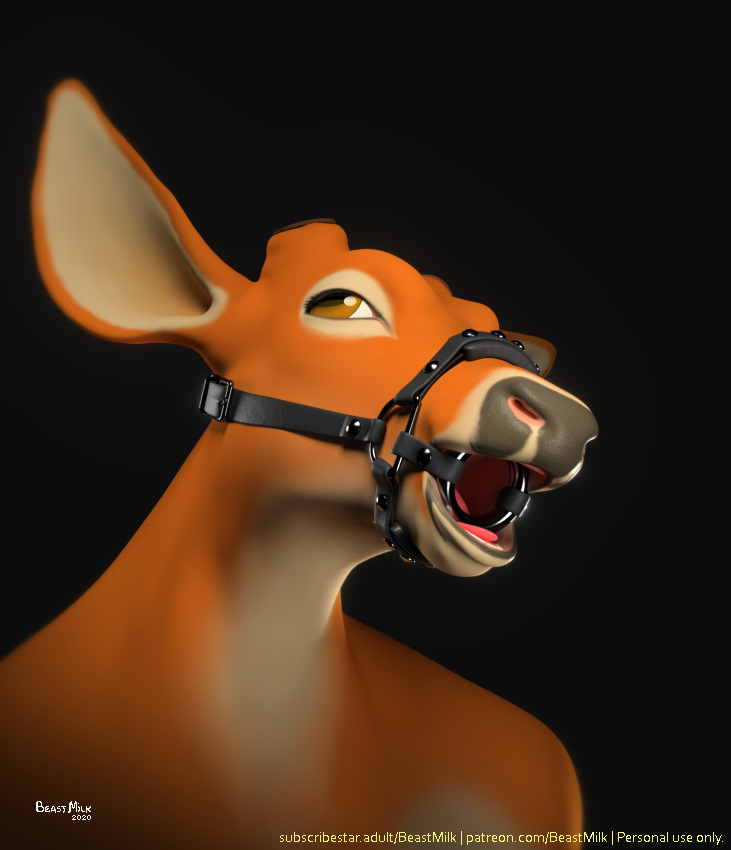 antlers beastmilk cervid cervine gag horn male mammal muzzle_(disambiguation) ring_gag simple_background solo submissive