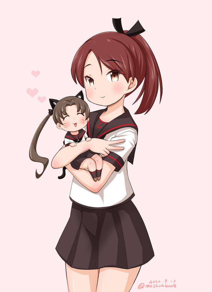 2girls animal_ears ayanami_(kantai_collection) black_sailor_collar black_skirt brown_eyes brown_hair cat_ears cat_tail commentary_request cowboy_shot dated extra_ears kantai_collection looking_at_viewer masara_(chuujou) minigirl multiple_girls pink_background pleated_skirt ponytail remodel_(kantai_collection) sailor_collar school_uniform serafuku shikinami_(kantai_collection) simple_background skirt smile tail twitter_username v