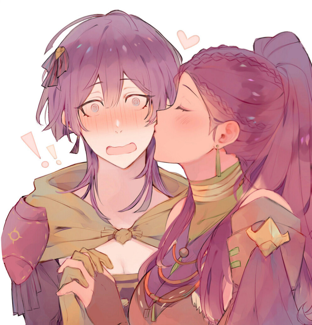 ! 2girls bernadetta_von_varley blush closed_eyes earrings fire_emblem fire_emblem:_three_houses hair_ornament heart holding_hands jewelry kiss kvlen long_hair multiple_girls open_mouth petra_macneary ponytail purple_hair simple_background upper_body white_background yuri