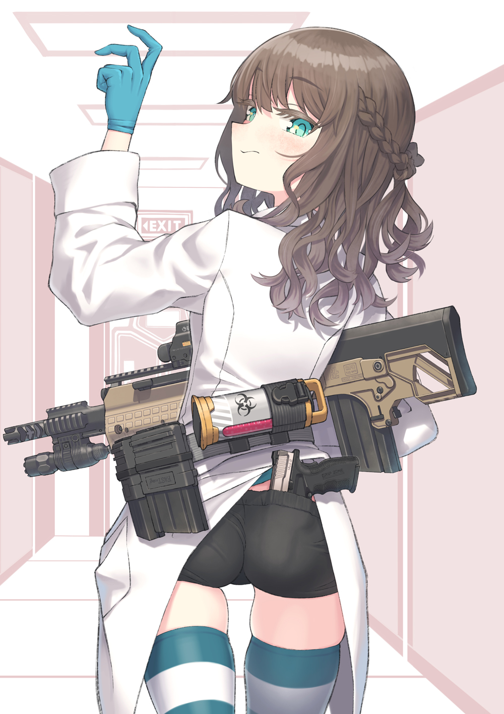 1girl annoyed aqua_eyes ass assault_rifle bangs biohazard_symbol black_shorts blush braid brown_hair bullpup closed_mouth commentary commentary_request crown_braid curly_hair eotech exit_sign flashlight gloves grimace gun hair_between_eyes handgun highres holding holding_gun holding_weapon kel-tec_rfb labcoat latex latex_gloves load_bearing_equipment long_hair magazine_(weapon) optical_sight original pistol rifle samaru_asgl short_shorts shorts skindentation solo springfield_armory_xd_mod.2 striped striped_legwear thick_eyebrows thighhighs tight weapon