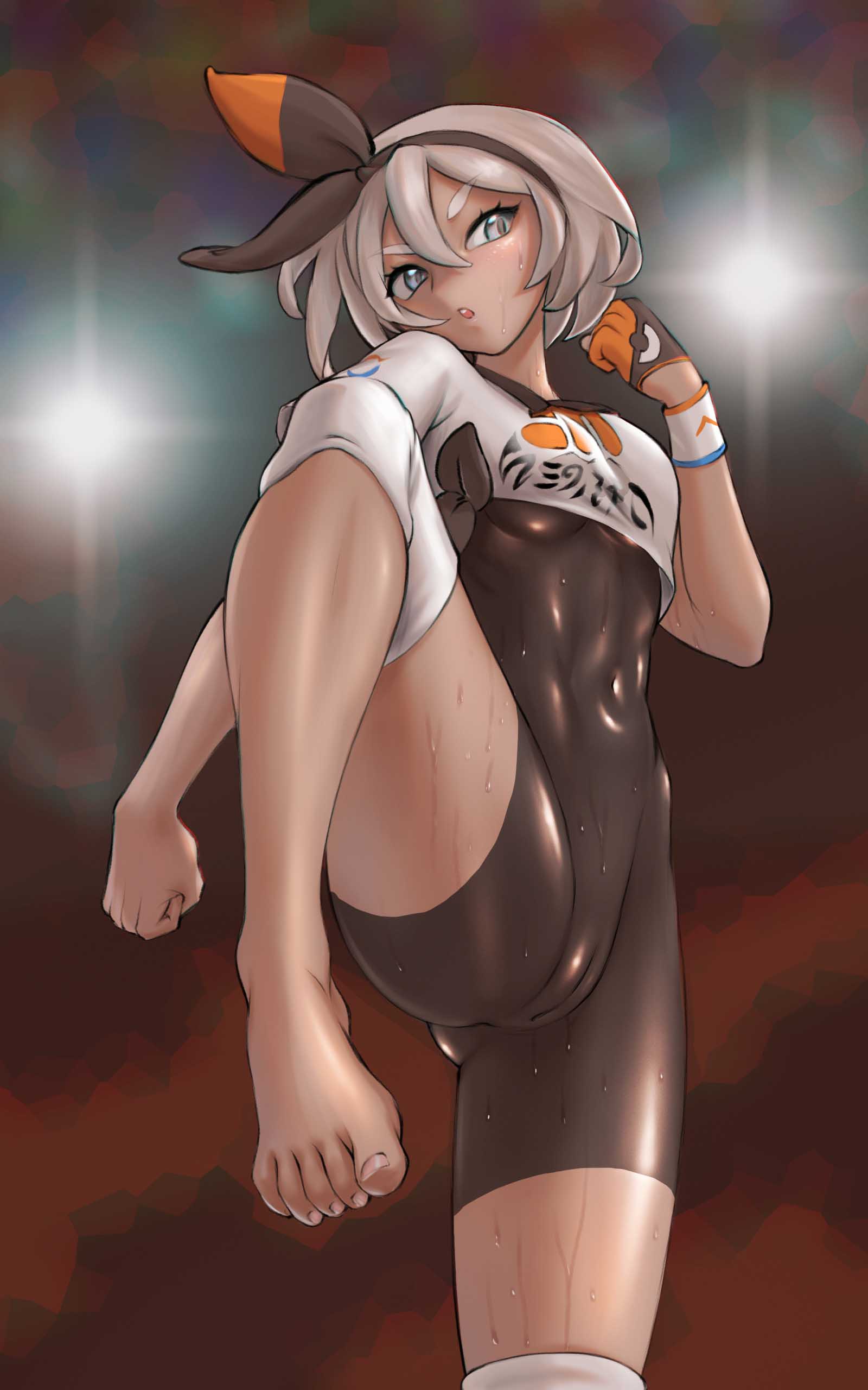 1girl absurdres bangs bea_(pokemon) black_bodysuit black_hairband bodysuit bodysuit_under_clothes bow_hairband breasts cameltoe collared_shirt commentary covered_navel dynamax_band gloves grey_eyes grey_hair gym_leader hair_between_eyes hairband highres kappa-ron knee_pads partly_fingerless_gloves pokemon pokemon_(game) pokemon_swsh print_shirt shiny shirt short_hair short_sleeves single_glove solo sweat tied_shirt