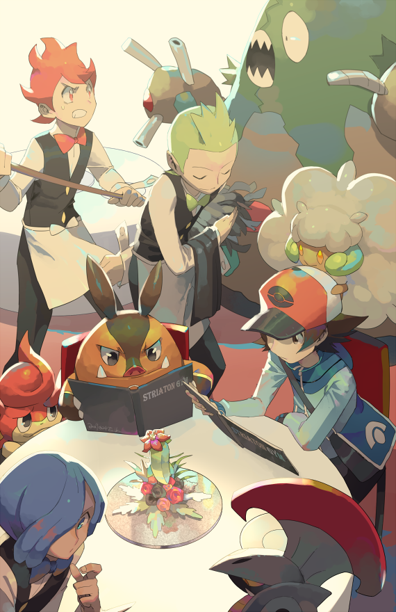 4boys bag baseball_cap blue_eyes blue_hair blue_jacket brown_eyes brown_hair chair chili_(pokemon) cilan_(pokemon) commentary cress_(pokemon) ege_(597100016) escavalier garbodor gen_5_pokemon green_hair hat hilbert_(pokemon) jacket long_sleeves looking_down menu multiple_boys on_head pansear pignite pokemon pokemon_(creature) pokemon_(game) pokemon_bw pokemon_on_head reading red_hair shiny sitting table waiter whimsicott