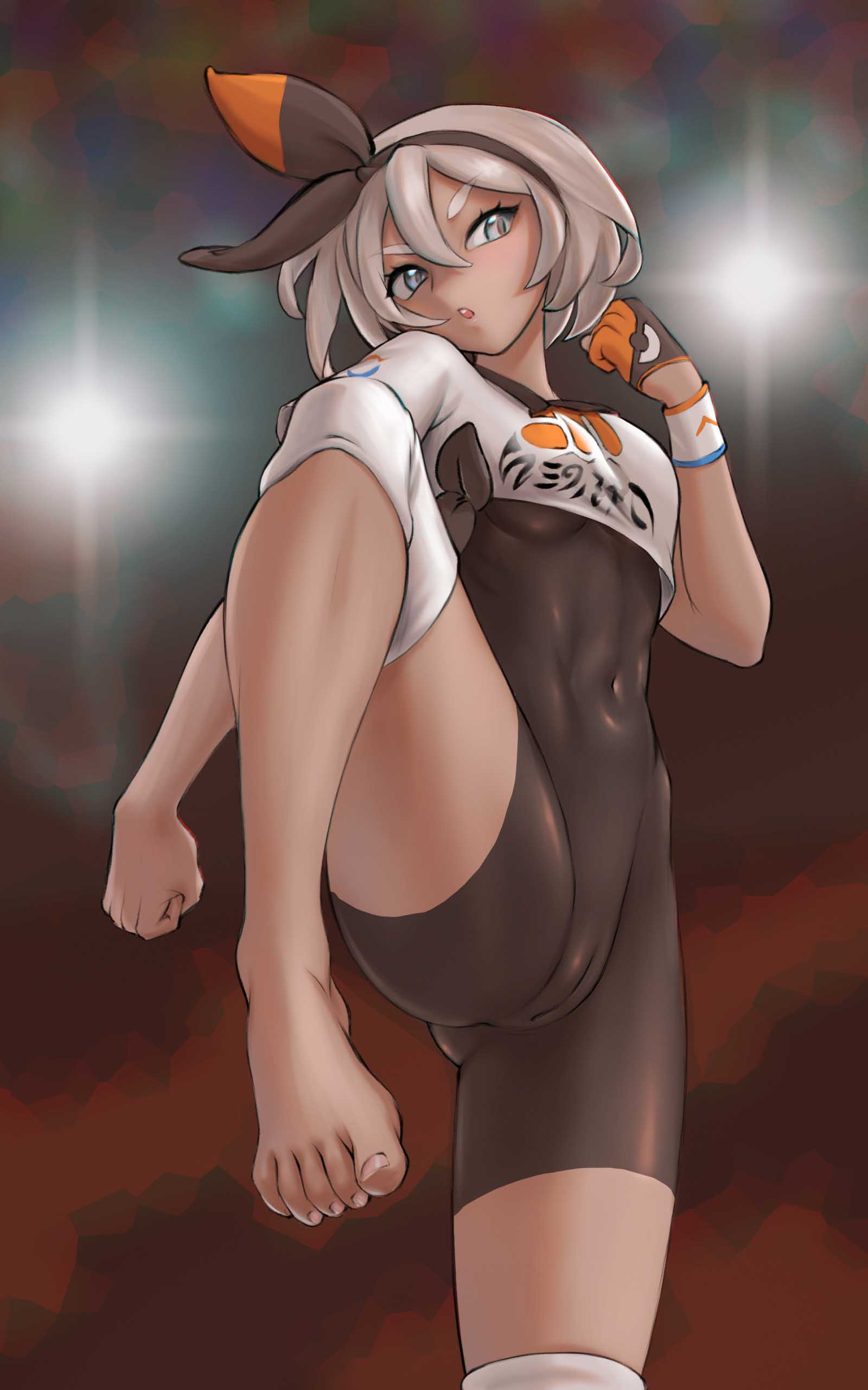 1girl absurdres bangs bea_(pokemon) black_bodysuit black_hairband bodysuit bodysuit_under_clothes bow_hairband breasts cameltoe collared_shirt commentary covered_navel dynamax_band gloves grey_eyes grey_hair gym_leader hair_between_eyes hairband highres kappa-ron knee_pads partly_fingerless_gloves pokemon pokemon_(game) pokemon_swsh print_shirt shirt short_hair short_sleeves single_glove solo tied_shirt
