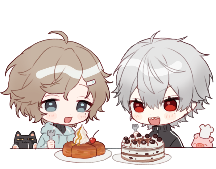 2boys :d animal bangs black_cat black_jacket blue_eyes blue_hoodie blush_stickers brown_hair cake cat chef_hat cherry chibi drawstring eyebrows_visible_through_hair food fork fruit grey_hair hair_between_eyes hair_ornament hairclip hat holding holding_fork hood hood_down hoodie jacket kanae_(nijisanji) kuzuha_(nijisanji) male_focus mole mole_under_eye multiple_boys nijisanji open_mouth pig pointy_ears red_eyes sharp_teeth simple_background smile teeth track_jacket upper_body v-shaped_eyebrows virtual_youtuber white_background white_headwear yamabukiiro