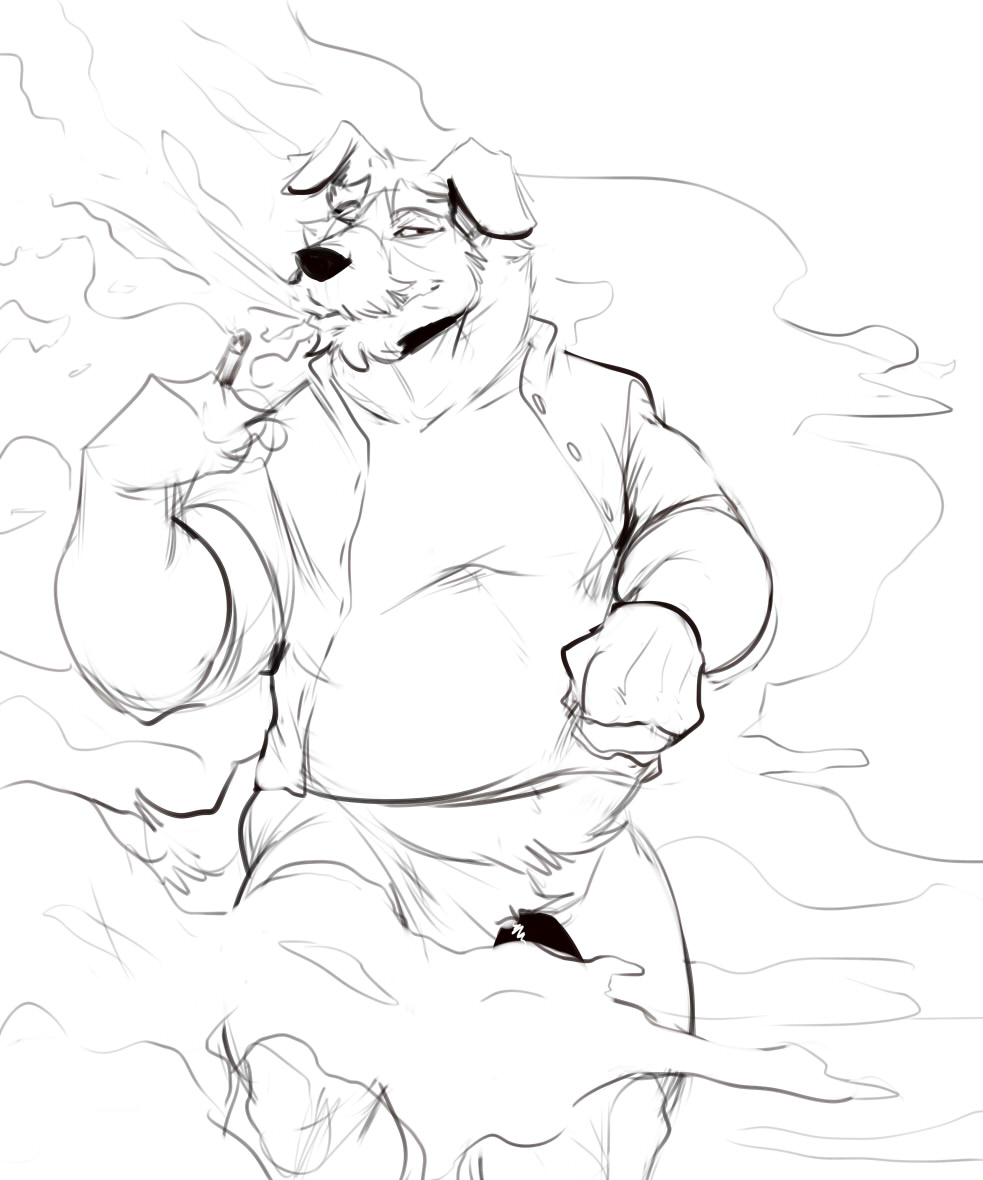 2019 anthro bottomless canid canine canis clothed clothing covering digital_media_(artwork) domestic_dog facial_hair fur genitals koorivlf male mammal mustache simple_background sketch smile smoke solo