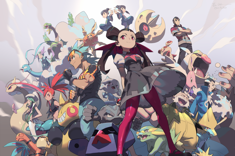 4girls 6+boys altaria aqua_hair black_pants brawly_(pokemon) brown_hair closed_mouth crossed_arms ege_(597100016) electrike eyelashes flannery_(pokemon) floating_hair from_below gen_1_pokemon gen_3_pokemon geodude gloves gorebyss gym_leader juan_(pokemon) liza_(pokemon) long_hair lunatone luvdisc makuhita manectric meditite milotic multiple_boys multiple_girls muscle norman_(pokemon) nosepass open_mouth pants pantyhose pink_eyes pink_legwear pokemon pokemon_(creature) pokemon_(game) pokemon_oras pose purple_hair red_eyes red_hair riding_pokemon roxanne_(pokemon) shiny shiny_hair shirt short_sleeves slaking smile solrock spinda tate_(pokemon) teeth tied_hair tied_shirt tongue torkoal tropius wallace_(pokemon) walrein wattson_(pokemon) winona_(pokemon)