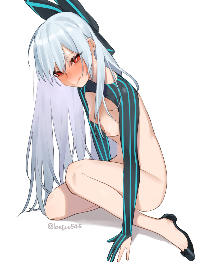 1girl black_footwear blush bow closed_mouth commentary_request girls_frontline gloves hair_bow juz licking_lips long_hair looking_at_viewer nipples nude partly_fingerless_gloves puffy_sleeves red_eyes shrug_(clothing) silver_hair simple_background sitting smile solo striped striped_gloves tokarev_(girls_frontline) tongue tongue_out white_background