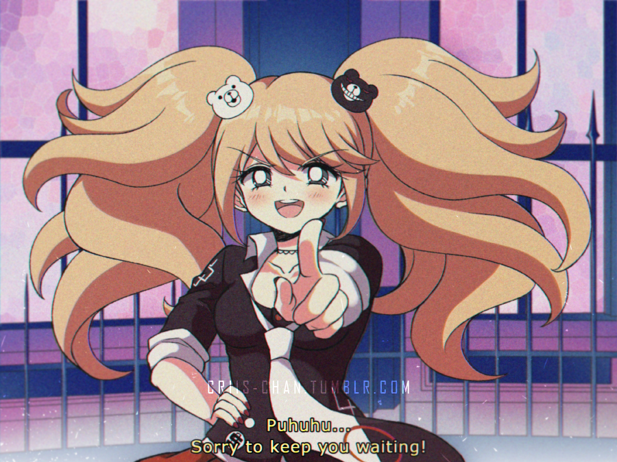 1990s_(style) 1girl :d artist_name bangs big_hair black_shirt blue_eyes breasts buttons choker collarbone collared_shirt commentary_request cosplay criis-chan danganronpa disconnected_mouth emblem english_text enoshima_junko enoshima_junko_(cosplay) eyebrows_visible_through_hair fence film_grain gunma_prefectural_shibuya_high_school_(emblem) gunma_prefectural_shibuya_high_school_uniform hair_ornament hand_on_hip indoors mosaic necktie new_danganronpa_v3 oldschool open_mouth parody pointing pointing_at_viewer red_nails school_emblem school_uniform shirogane_tsumugi shirt sidelocks sleeves_rolled_up smile solo spoilers stained_glass style_parody subtitled swept_bangs tumblr_username twintails upper_body upper_teeth v-shaped_eyebrows vhs_artifacts watermark web_address window windows