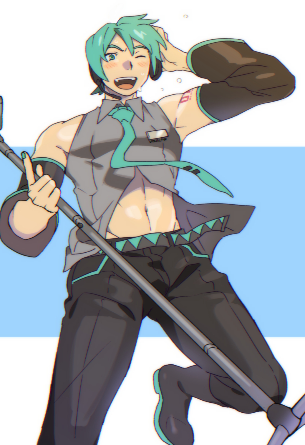 1boy abs bare_shoulders belt black_pants blush boots bulge chest detached_sleeves genderswap genderswap_(ftm) green_eyes green_hair hatsune_miku highres looking_at_viewer male_focus microphone midriff muscle nail_polish navel necktie open_mouth pants short_hair solo st05254 thigh_boots thighhighs vocaloid