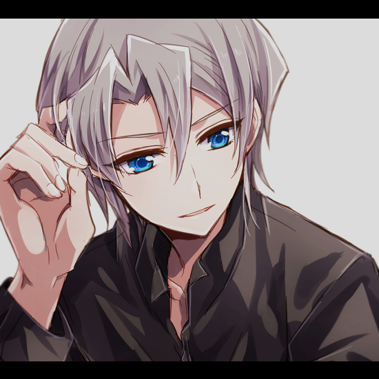 1boy bangs bishounen black_shirt blue_eyes collarbone dress_shirt edo_phoenix grey_background hair_between_eyes hair_intakes male_focus mikami_(mkm0v0) open_mouth shiny shiny_hair shirt silver_hair simple_background solo upper_body yuu-gi-ou yuu-gi-ou_gx