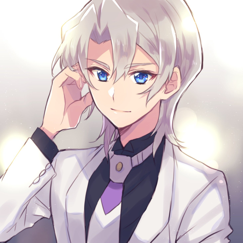 bangs bishounen black_shirt blue_eyes closed_mouth edo_phoenix eyebrows_visible_through_hair hair_between_eyes hair_tubes jacket long_sleeves male_focus mikami_(mkm0v0) necktie shiny shiny_hair shirt short_hair silver_hair smile solo white_background white_jacket white_neckwear yuu-gi-ou yuu-gi-ou_gx