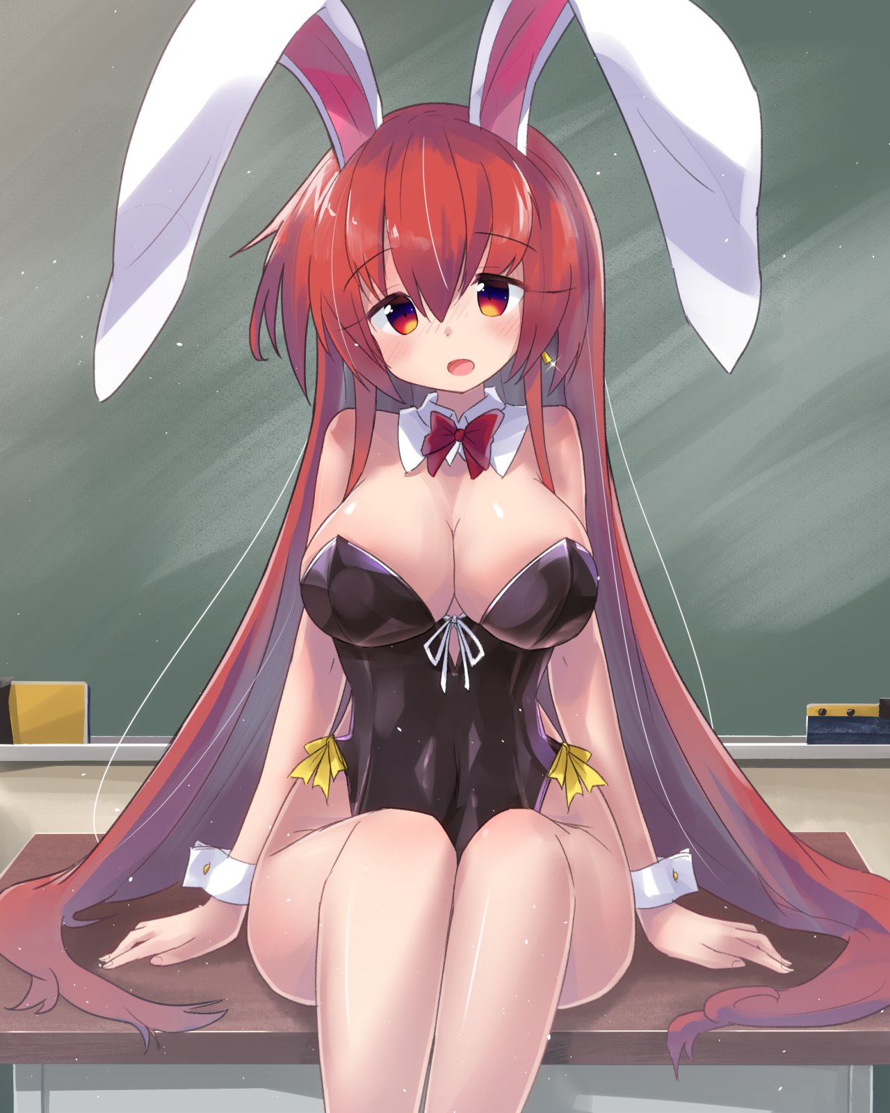 1girl animal_ears bangs black_leotard blush bow bowtie breasts bunny_ears bunny_girl bunnysuit chalkboard cleavage collar commentary_request covered_navel desk detached_collar earrings eyebrows_visible_through_hair feet_out_of_frame hair_between_eyes highres indoors jewelry large_breasts leotard long_hair looking_at_viewer on_desk open_mouth original red_eyes red_hair red_neckwear ryogo sitting sitting_on_desk solo strapless strapless_leotard usami_tsuitachi very_long_hair white_collar wing_collar wrist_cuffs