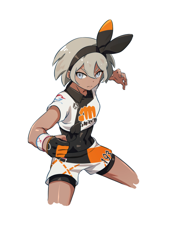 1girl bangs bea_(pokemon) black_bodysuit black_hairband bodysuit bodysuit_under_clothes bow_hairband collared_shirt commentary_request dynamax_band gloves grey_eyes grey_hair gym_leader hair_between_eyes hairband hsin number partly_fingerless_gloves pokemon pokemon_(game) pokemon_swsh print_shirt print_shorts shirt short_hair short_sleeves shorts single_glove solo tied_shirt white_background