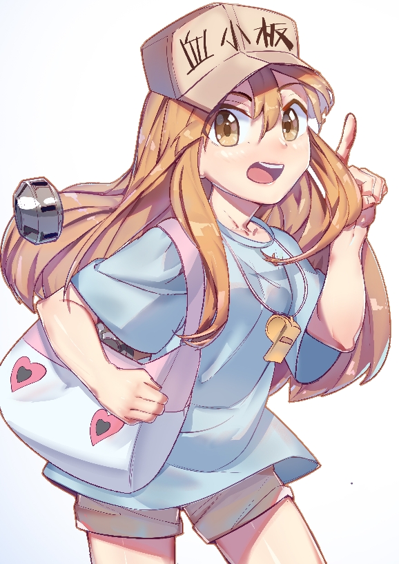 1girl :d bag blue_shirt breasts brown_eyes brown_hair character_name collarbone commentary_request cowboy_shot eyebrows_visible_through_hair eyes_visible_through_hair grey_shorts hair_between_eyes handbag hat hataraku_saibou heart heart_print long_hair looking_at_viewer open_mouth pink_lips platelet_(hataraku_saibou) pointing pointing_up shirt short_shorts short_sleeves shorts shorts_rolled_up sidelocks simple_background small_breasts smile solo t-shirt tanigome_juu upper_teeth whistle white_background white_bag