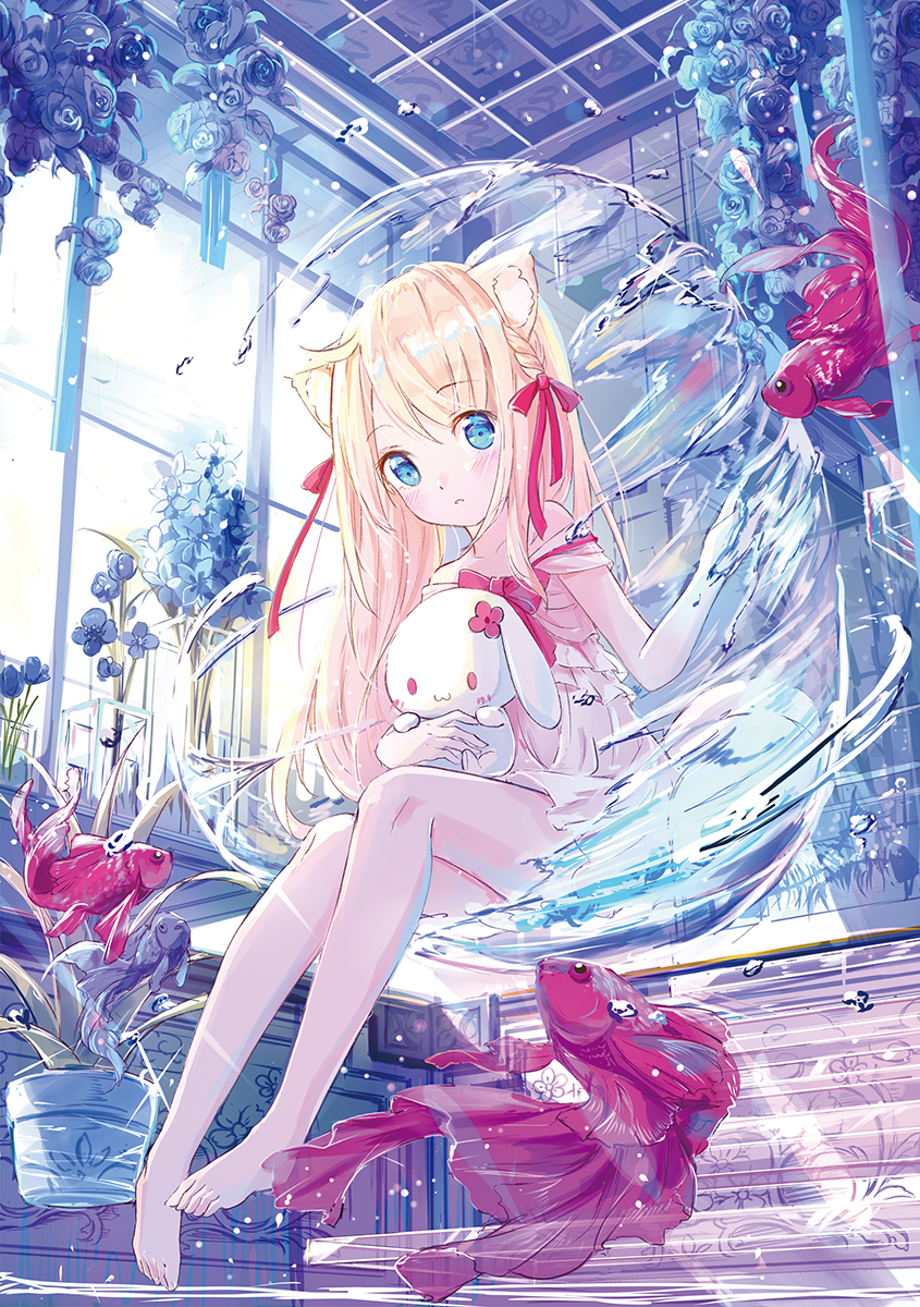 1girl :o animal animal_ear_fluff animal_ears bangs bare_shoulders barefoot blonde_hair blue_eyes blue_flower blush bow braid cat_ears collarbone commentary_request day dress eyebrows_visible_through_hair fish flower flower_pot full_body hair_bow highres hydrokinesis indoors long_hair looking_at_viewer off-shoulder_dress off_shoulder original parted_lips peas_(peas0125) plant potted_plant red_bow solo stuffed_animal stuffed_bunny stuffed_toy vase very_long_hair water white_dress window