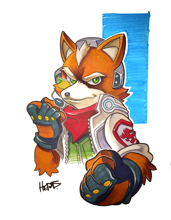 2017 5_fingers anthro bandanna black_nose canid canine cheek_tuft clothing eyebrows facial_tuft fingers fox fox_mccloud fur gloves green_eyes handwear head_tuft herms85 kerchief male mammal nintendo orange_body orange_fur signature smile solo star_fox traditional_media_(artwork) tuft video_games white_body white_fur zipper