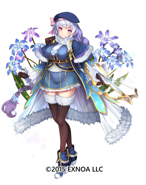 1girl beret black_gloves black_legwear blue_capelet blue_coat blue_dress blue_footwear blue_headwear bow bow_(weapon) braid breasts capelet chionodoxa_(flower_knight_girl) closed_mouth coat commentary_request crossbow disconnected_mouth dress flower flower_knight_girl frilled_skirt frills full_body gloves gradient_hair grey_hair hat hat_bow holding holding_weapon large_breasts long_hair multicolored_hair object_namesake official_art pink_bow purple_eyes purple_hair shoes simple_background single_braid skirt smile solo standing thighhighs usuki_(graygreed) weapon white_background zettai_ryouiki