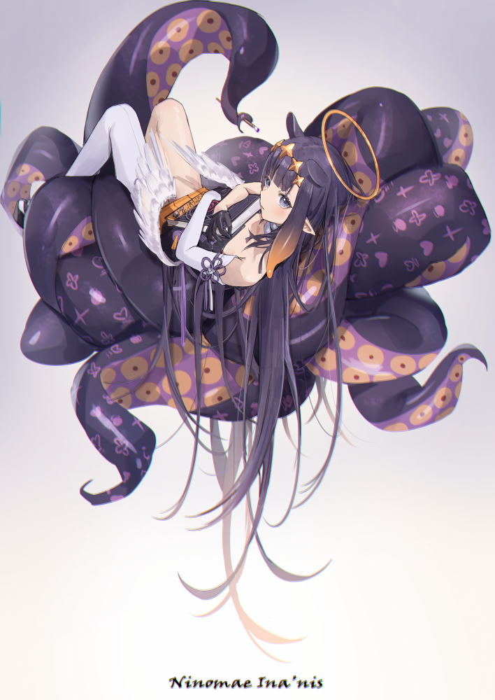 1girl book character_name gloves grey_eyes hair_ornament halo holding holding_book hololive hololive_english long_hair lying mamemena ninomae_ina'nis octopus on_back pointy_ears shoes single_thighhigh solo star_(symbol) star_hair_ornament tentacles thighhighs very_long_hair white_legwear