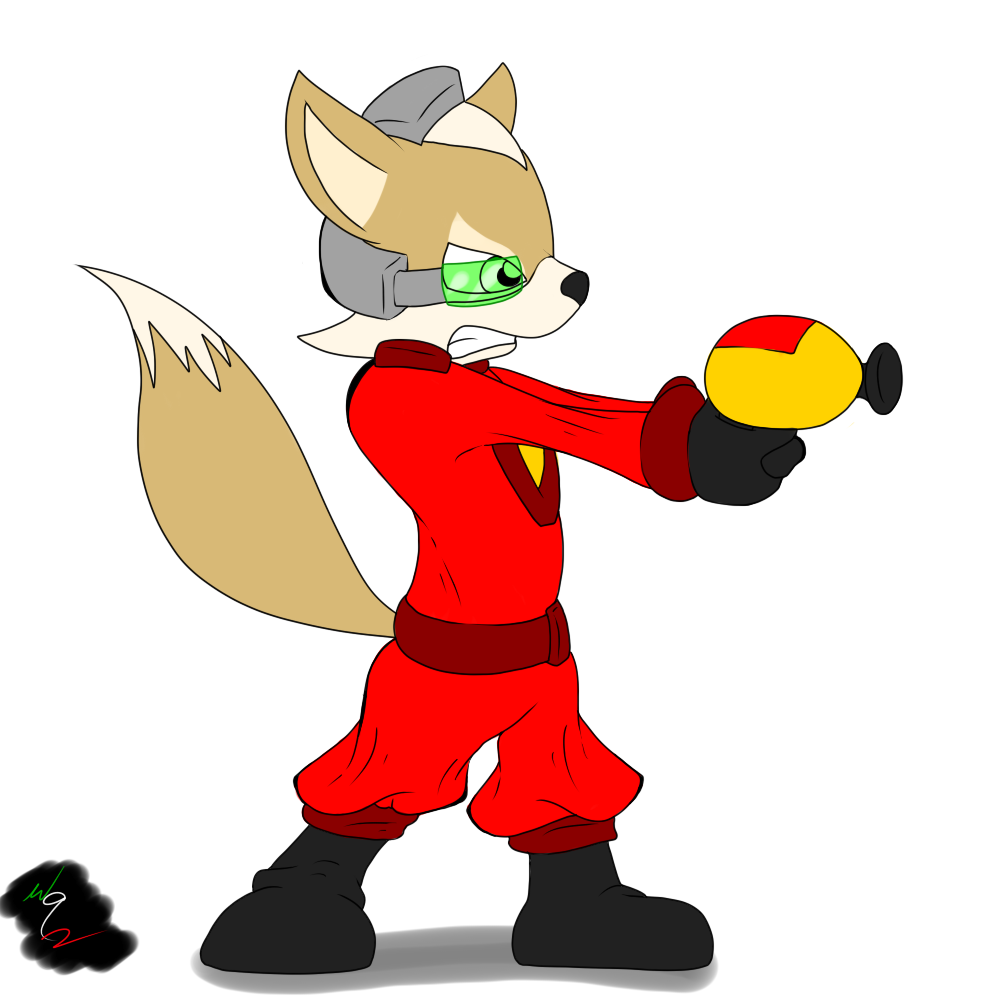 1:1 anthro belt boots brown_body brown_fur canid canine clothing cosplay disney footwear fox fox_mccloud fur green_eyes gun holding_object lilo_and_stitch male mammal multicolored_body multicolored_fur nintendo ranged_weapon signature simple_background solo standing star_fox suit video_games waver92 weapon white_background