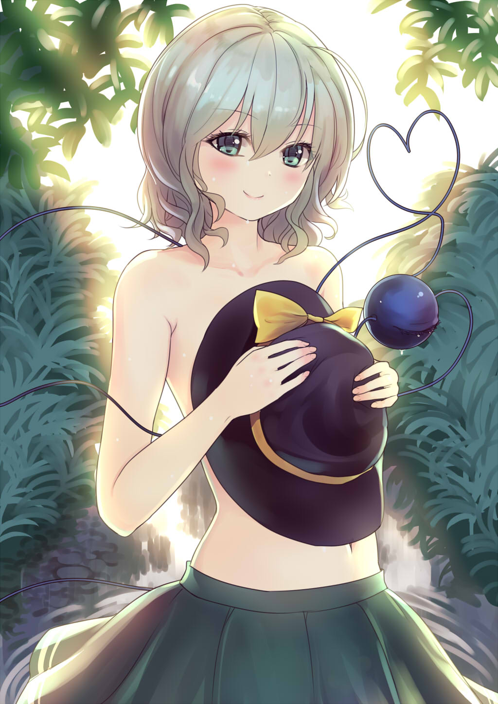 1girl backlighting bangs bare_arms bare_shoulders blush closed_mouth collarbone commentary_request covering covering_breasts culter eyebrows_visible_through_hair green_eyes green_skirt grey_hair hat hat_ribbon headwear_removed heart heart_of_string highres komeiji_koishi looking_at_viewer navel outdoors partial_commentary pleated_skirt ribbon short_hair sidelocks skirt smile solo standing stomach third_eye topless touhou yellow_ribbon