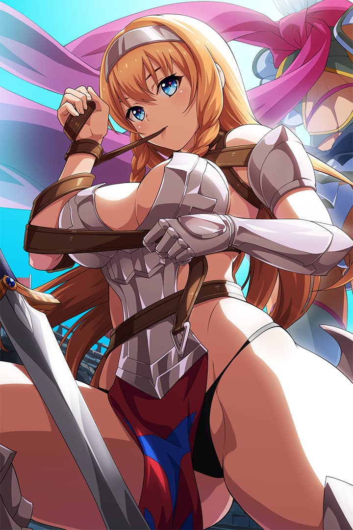 2girls armor ass bangs bikini_armor black_panties blonde_hair blue_eyes blue_hair blue_panties breasts cleavage closed_mouth dress gauntlets greaves grey_legwear headgear holding holding_sword holding_weapon irma large_breasts leina loincloth long_hair looking_at_viewer mouth_hold multiple_girls official_art panties queen's_blade queen's_blade_unlimited queen's_blade_white_triangle revealing_clothes scarf short_dress short_hair side_braids sidelocks single_gauntlet string_panties sword tan thighhighs underwear weapon