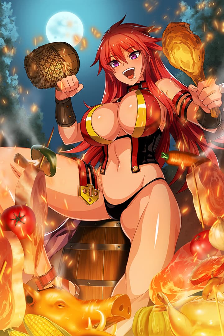 1girl arm_strap bird black_panties boar breasts carrot chicken cooking corn cup drooling eating fire food full_moon grilling hair_between_eyes highleg highleg_panties holding holding_food kebab large_breasts long_hair looking_at_viewer meat moon mug mushroom navel night official_art open_mouth panties pink_eyes queen's_blade queen's_blade_unlimited queen's_blade_white_triangle red_hair revealing_clothes risty saliva sandals skewer solo spread_legs tan thighs tomato turtleneck underwear upper_teeth vambraces vegetable