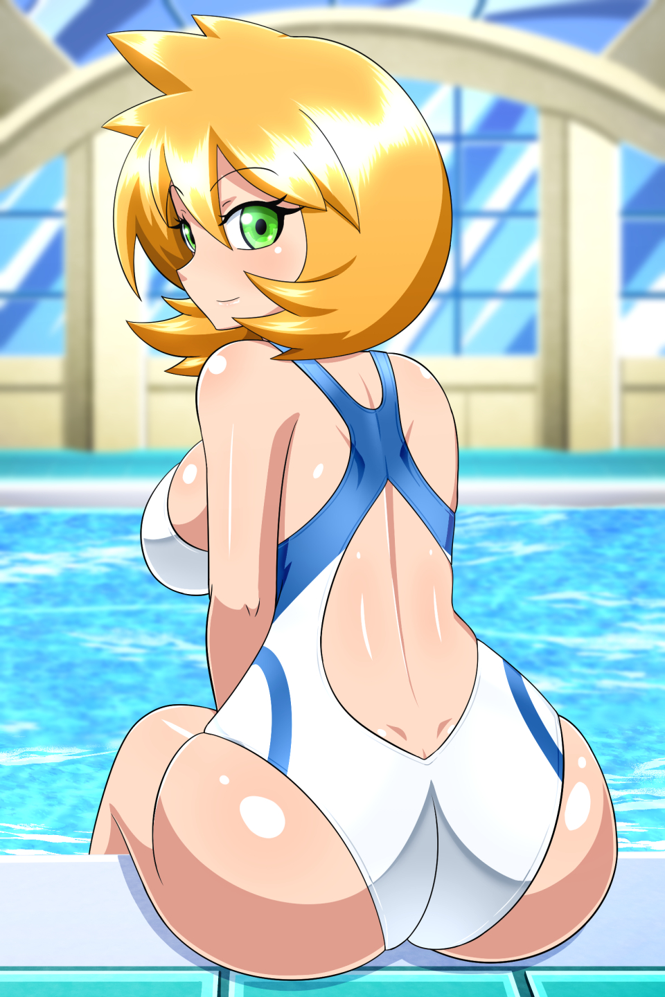 1girl ass breasts closed_mouth green_eyes gym_leader highres looking_at_viewer misty_(pokemon) orange_hair pokemon pokemon_(game) pokemon_hgss pool short_hair smile solo swimsuit yensh