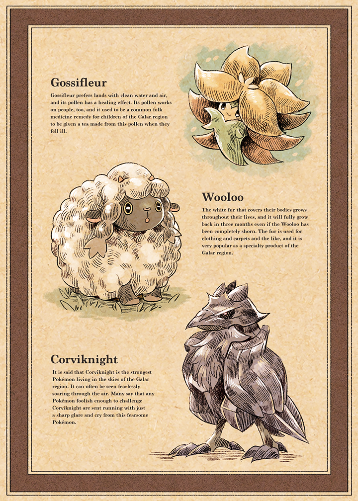 :o bird border closed_mouth commentary_request corviknight english_text gen_8_pokemon gossifleur grass matsuri_(matsuike) no_humans open_mouth pokemon pokemon_(creature) sheep smile standing wool wooloo