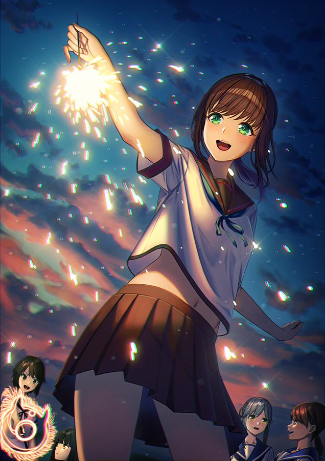 5girls black_hair brown_hair commentary_request enemy_lifebuoy_(kantai_collection) fireworks fubuki_(kantai_collection) gradient_sky green_eyes hatsuyuki_(kantai_collection) kantai_collection long_hair miyuki_(kantai_collection) multiple_girls navel open_mouth orange_sky outdoors pantyhose pleated_skirt ponytail school_uniform serafuku shirayuki_(kantai_collection) skirt sky smile sunset unowen usugumo_(kantai_collection)