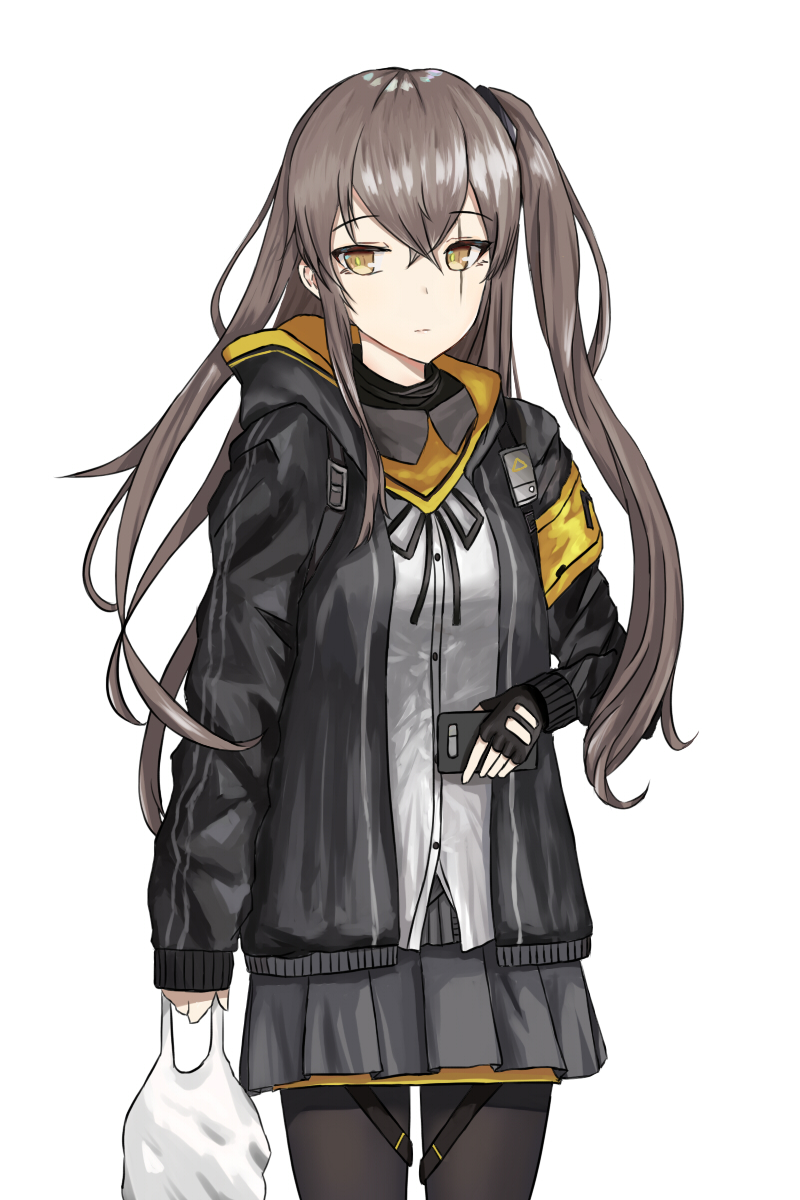 1girl bag black_gloves black_jacket black_legwear brown_hair cellphone closed_mouth eyebrows_visible_through_hair girls_frontline gloves grey_skirt hair_ornament hanser highres holding holding_bag holding_phone hood hooded_jacket jacket long_hair looking_at_viewer neck_ribbon pantyhose partly_fingerless_gloves phone ribbon scar scar_across_eye shirt skirt smartphone solo standing ump45_(girls_frontline) white_background white_shirt yellow_eyes