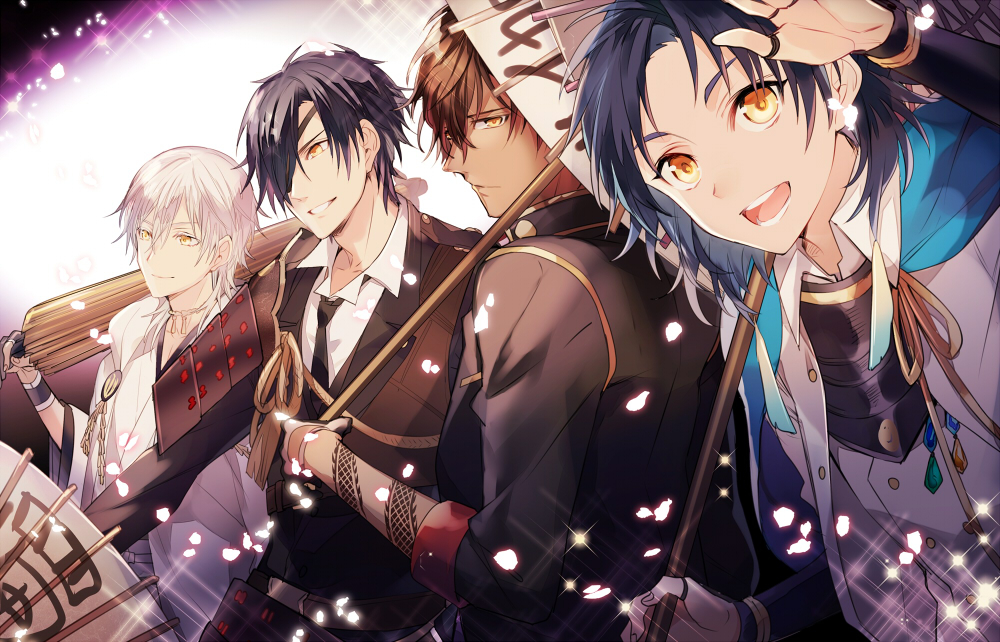 4boys :d arm_tattoo armor black_hair blazer blue_hair brown_hair collared_shirt eyepatch jacket japanese_armor japanese_clothes kuroemon male_focus multiple_boys necktie ookurikara open_mouth oriental_umbrella petals shirt shokudaikiri_mitsutada shoulder_armor smile sode sparkle taikogane_sadamune tattoo touken_ranbu tsurumaru_kuninaga umbrella white_hair yellow_eyes