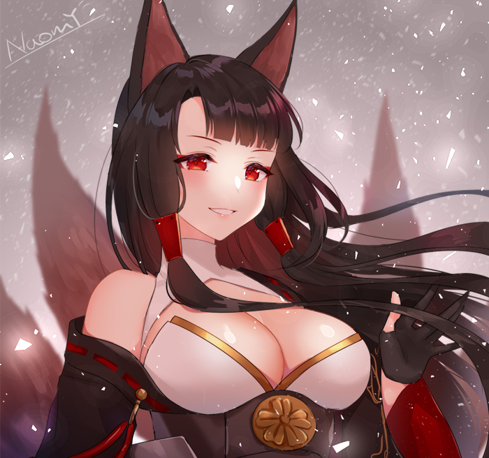 1girl :d akagi_(azur_lane) animal_ears artist_name azur_lane bangs bare_shoulders black_gloves black_hair blunt_bangs blush breasts cleavage cleavage_cutout commentary_request corset fox_ears fox_girl fox_tail gloves gradient gradient_background grey_background large_breasts long_hair long_sleeves looking_at_viewer multiple_tails naomi_(fantasia) off_shoulder open_mouth partly_fingerless_gloves red_eyes ribbon_trim sidelocks smile solo straight_hair tail tassel underbust upper_body very_long_hair wide_sleeves