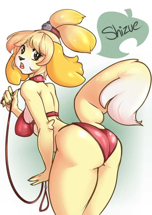 animal_crossing anthro bent_over big_breasts big_butt bikini breasts butt canid canine canis clothed clothing collar domestic_dog female firekitty fur hair holding_leash holding_object isabelle_(animal_crossing) leash looking_at_viewer looking_back mammal nintendo open_mouth rear_view shih_tzu solo standing swimwear thick_thighs tongue toy_dog video_games wide_hips yellow_body yellow_fur