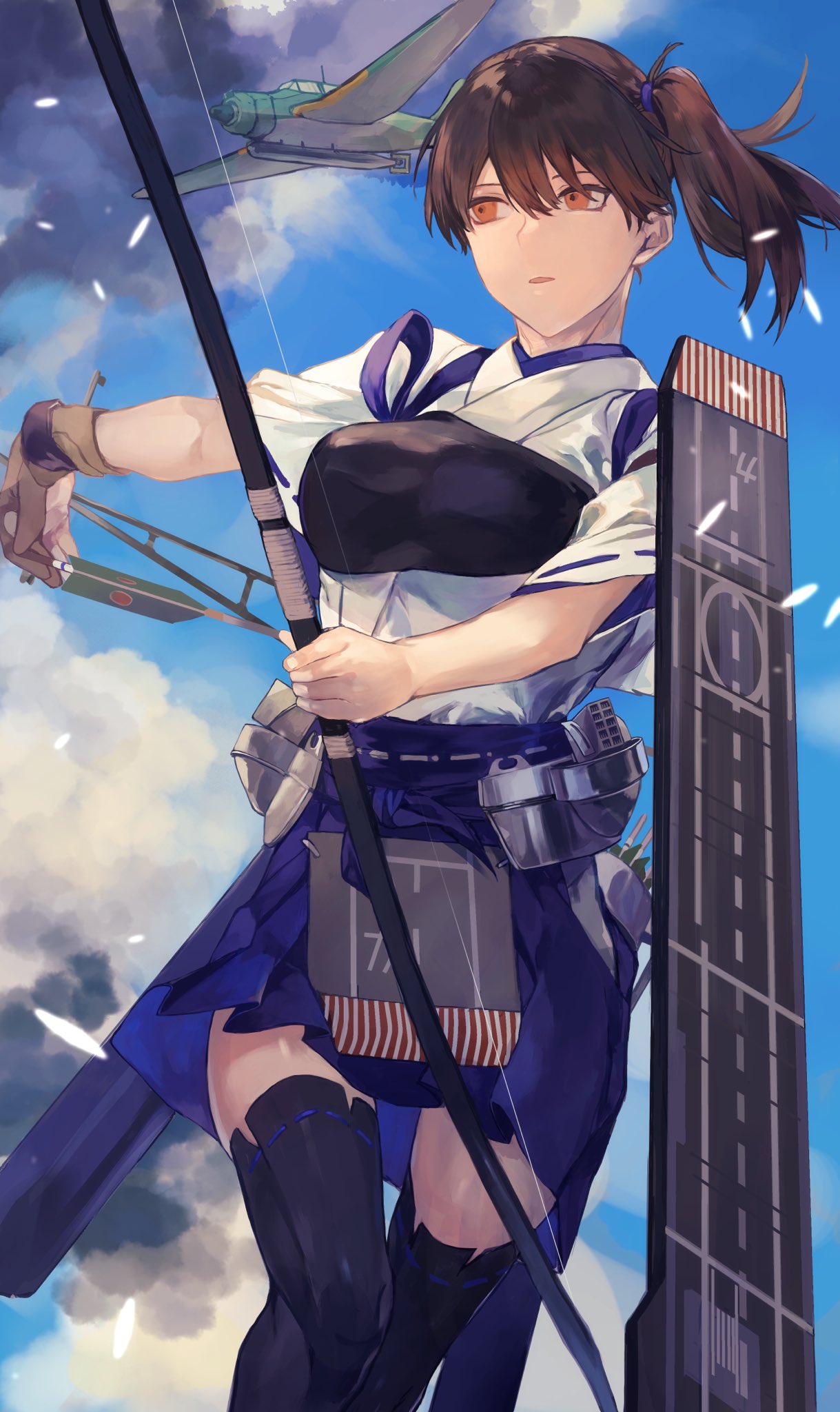 1girl aircraft aircraft_request airplane apron blue_hakama blue_sky brown_eyes brown_gloves brown_hair cloud commentary_request cowboy_shot day flight_deck fukazaki gloves hakama hakama_skirt highres japanese_clothes kaga_(kantai_collection) kantai_collection long_hair looking_to_the_side muneate outdoors partly_fingerless_gloves quiver side_ponytail single_glove sky solo tasuki thighhighs yugake yumi_(bow)