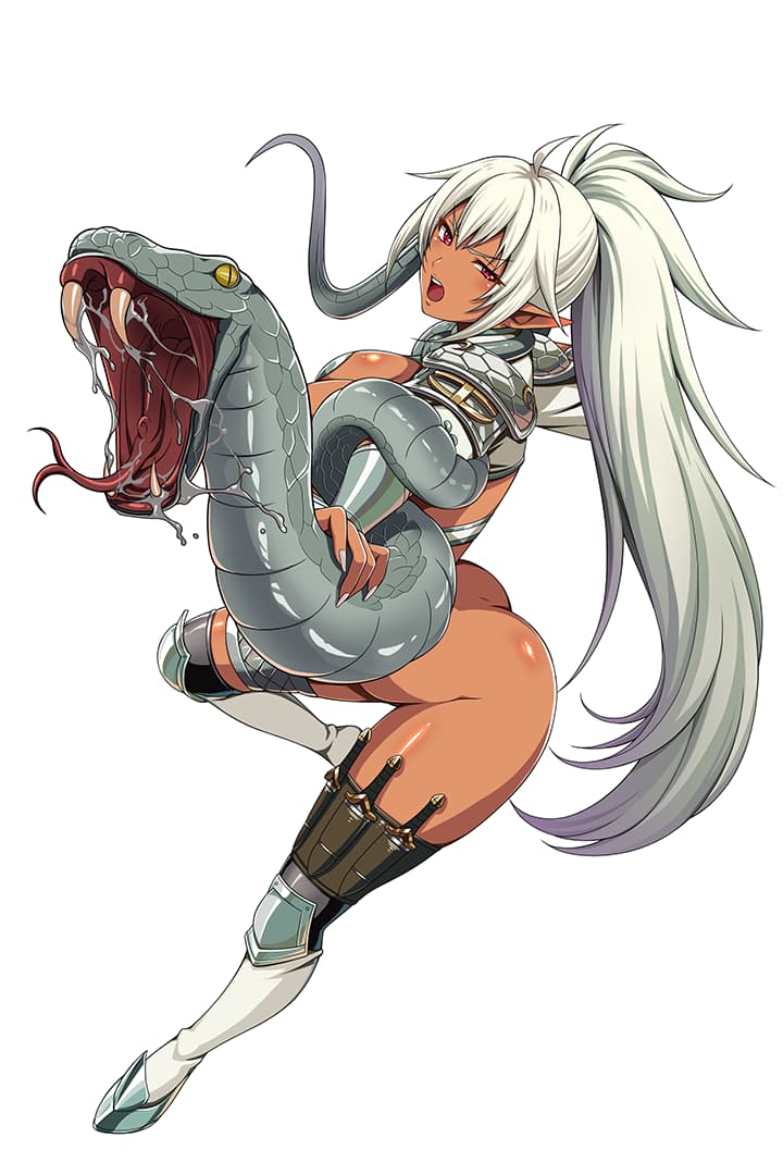 1girl ahoge ass bangs boots bottomless breasts cleavage dagger dark_elf dark_skin echidna_(queen's_blade) elf fang full_body glint greaves holding holding_weapon holster huge_breasts looking_at_viewer navel no_panties official_art open_mouth pointy_ears ponytail queen's_blade queen's_blade_unlimited queen's_blade_white_triangle red_eyes revealing_clothes saliva silver_hair silver_nails smile snake solo sword thigh_holster vambraces weapon white_background white_footwear
