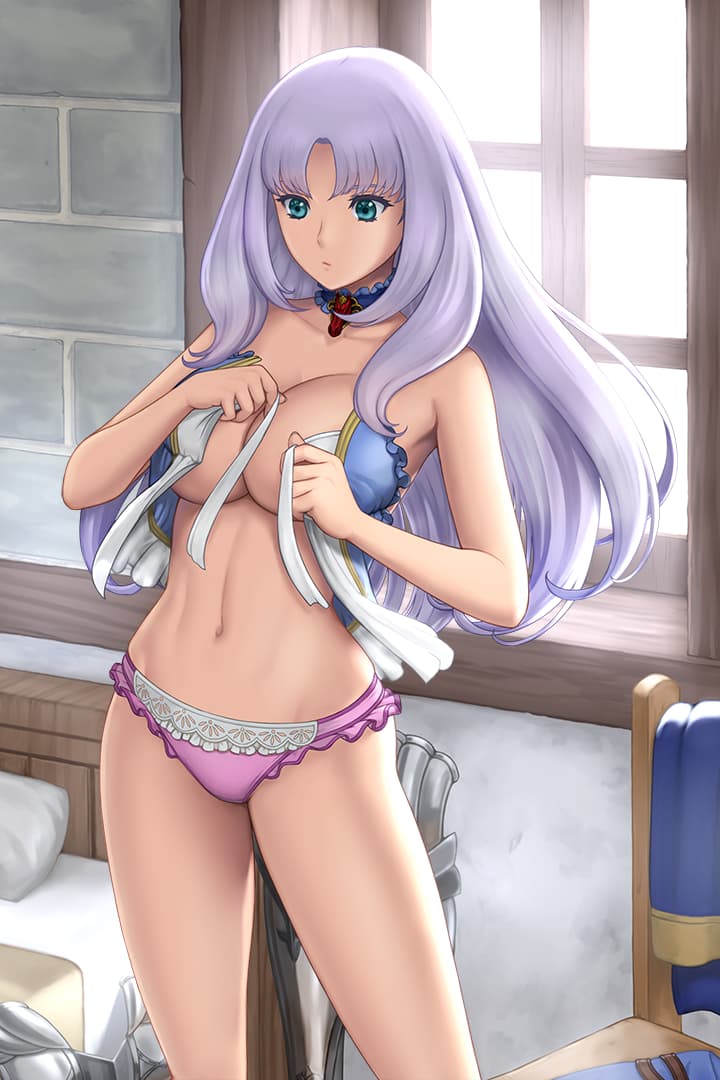 1girl annelotte blue_eyes breasts breasts_outside choker collarbone corset frilled_panties frills indoors lace lace-trimmed_panties large_breasts light_purple_hair lipstick long_hair makeup navel no_bra official_art open_mouth panties purple_hair purple_panties queen's_blade queen's_blade_rebellion queen's_blade_white_triangle solo standing underwear undressing very_long_hair