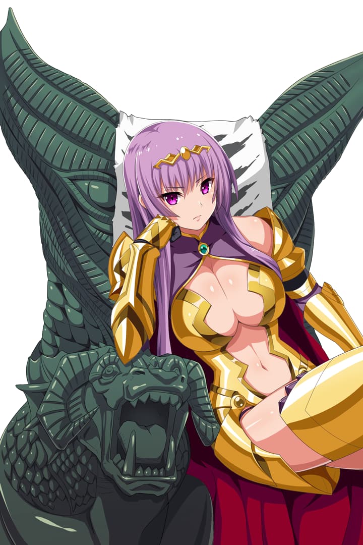1girl armor armored_boots bangs bikini_armor black_gloves blunt_ends boots breastplate breasts cape center_opening chin_rest circlet claudette_(queen's_blade) cleavage_cutout closed_mouth curvy elbow_gloves g-string gloves gold_armor large_breasts long_hair navel navel_cutout official_art outline purple_eyes purple_hair queen's_blade queen's_blade_unlimited queen's_blade_white_triangle red_cape shoulder_armor sidelocks sitting solo spaulders straight_hair thighs thong throne vambraces
