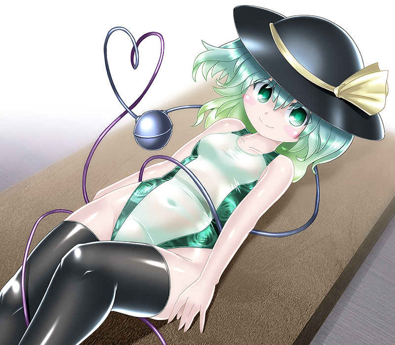 1girl bow breasts come_hither competition_swimsuit eyeball green_eyes green_hair hat hat_bow hat_ribbon heart heart_of_string komeiji_koishi one-piece_swimsuit ribbon shiny shiny_clothes small_breasts smile solo swimsuit thighhighs third_eye touhou wavy_hair winn