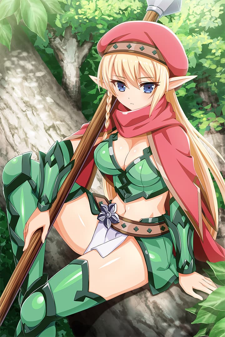 alleyne_(queen's_blade) armor beret bikini_armor blonde_hair blue_eyes boots braid breasts cleavage elf hat holding holding_spear holding_weapon long_hair looking_at_viewer medium_breasts navel official_art outdoors pointy_ears polearm queen's_blade queen's_blade_unlimited queen's_blade_white_triangle scarf side_braid sitting solo spear thigh_boots thighhighs vambraces very_long_hair weapon