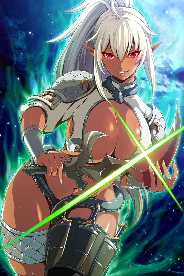 1girl ahoge bangs breasts cleavage dagger dark_elf dark_skin echidna_(queen's_blade) elf glint greaves holding holding_sword holding_weapon holster huge_breasts looking_at_viewer navel no_panties official_art pointy_ears ponytail queen's_blade queen's_blade_unlimited queen's_blade_white_triangle red_eyes revealing_clothes silver_hair silver_nails simple_background smile snake solo sword thigh_holster vambraces weapon