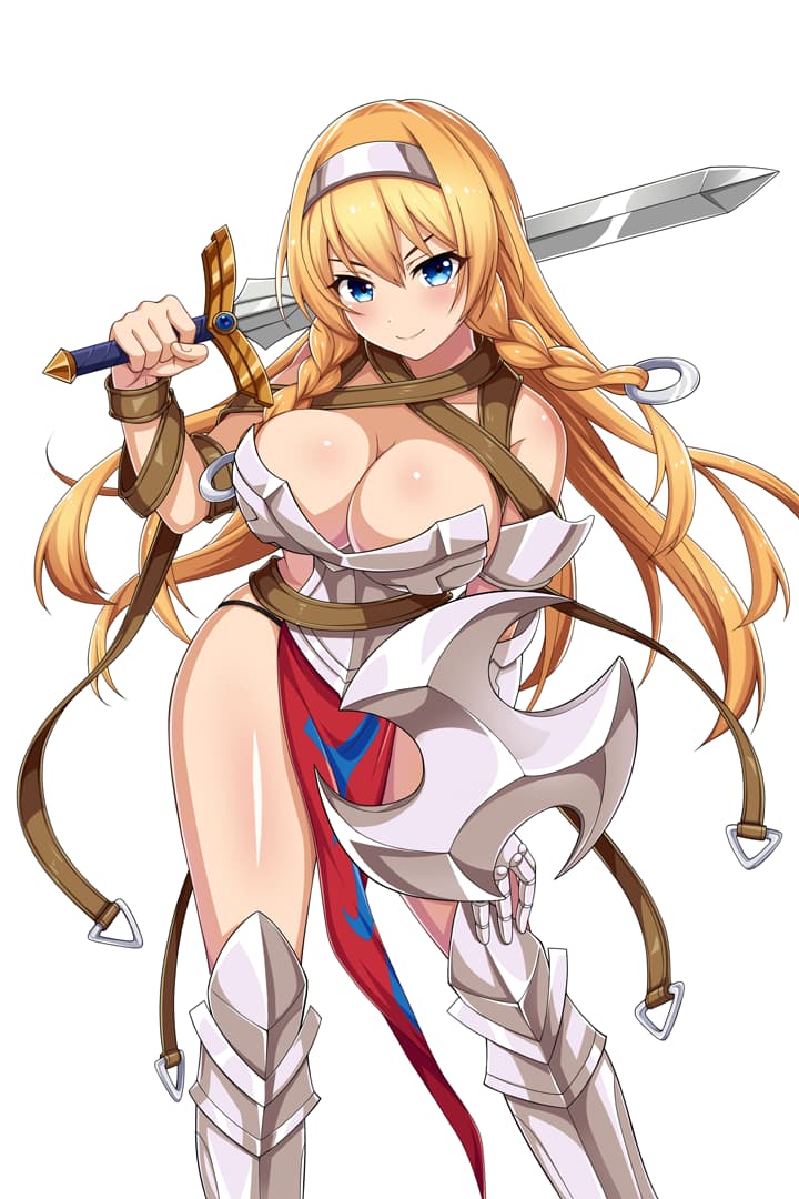 1girl armor bangs belt bikini_armor blonde_hair blue_eyes blush breasts cleavage closed_mouth gauntlets greaves hair_ornament headband headgear holding holding_sword holding_weapon large_breasts leina loincloth long_hair looking_at_viewer official_art queen's_blade queen's_blade_unlimited queen's_blade_white_triangle revealing_clothes shield side_braids sidelocks single_gauntlet smile solo sword weapon white_background