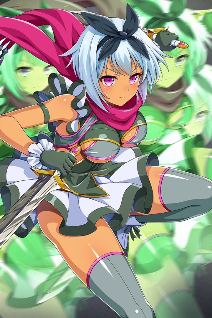 1girl afterimage blue_hair blush bow breasts closed_mouth dress dual_wielding grey_legwear hair_bow holding holding_weapon irma medium_breasts official_art pink_eyes queen's_blade queen's_blade_unlimited queen's_blade_white_triangle scarf short_dress short_hair short_sword skindentation solo sword tan thighhighs weapon