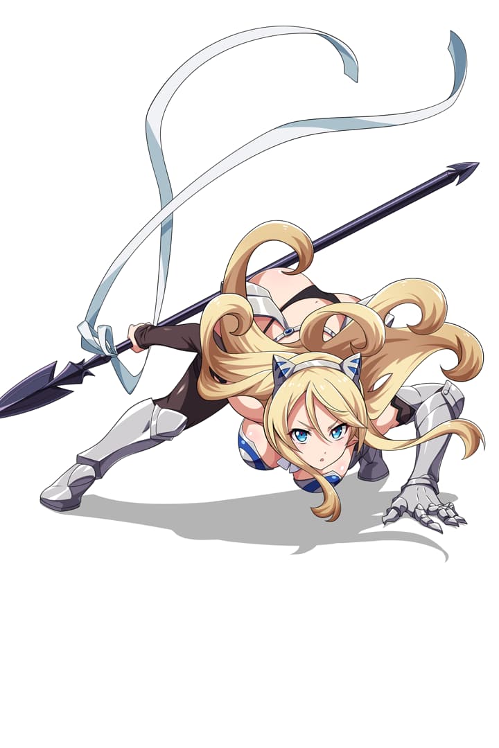 1girl armor bangs bikini_armor black_legwear black_panties blonde_hair blue_eyes bow bowtie breasts elina fighting_stance full_body gauntlets greaves headgear highleg highleg_panties holding holding_weapon large_breasts long_hair looking_at_viewer navel official_art panties polearm queen's_blade queen's_blade_unlimited queen's_blade_white_triangle shadow sidelocks single_gauntlet solo spear squatting thighhighs underwear weapon