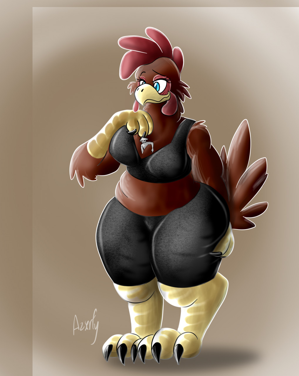 anthro avian azserfy between_breasts bird blue_eyes breast_smother breasts butt butt_grab chicken claws clothing crop_top digitigrade duo feathers female galliform gallus_(genus) hand_on_butt hi_res macro male male/female micro micro_on_macro phasianid shirt size_difference size_play slightly_chubby smile smothering tail_feathers talons topwear