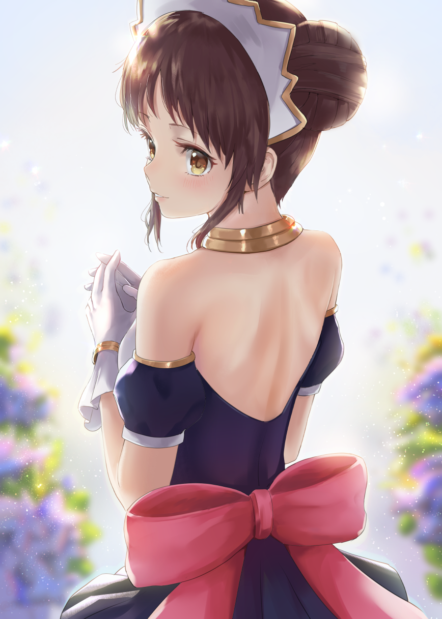 1girl back_bow backless_dress backless_outfit blue_dress blue_sleeves blurry blurry_background bow brown_hair dargo day detached_sleeves double_bun dress flower from_behind gloves headdress highres outdoors parted_lips princess_connect! princess_connect!_re:dive purple_flower red_bow short_hair short_sleeves shoulder_blades solo suzume_(princess_connect!) white_gloves yellow_eyes