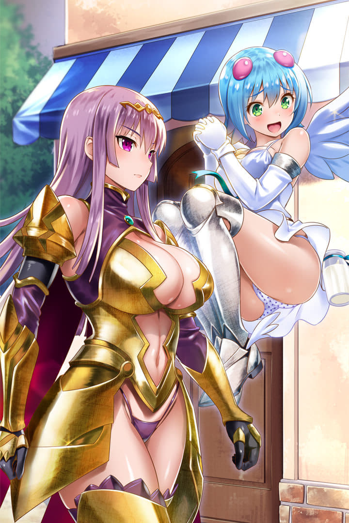 2girls angel_wings armor armored_boots ass asymmetrical_wings bangs bikini_armor black_gloves blue_hair blunt_ends boots breastplate breasts cape center_opening chemise circlet claudette_(queen's_blade) cleavage cleavage_cutout closed_mouth curvy day elbow_gloves eyebrows_visible_through_hair faulds floating g-string gem gloves gold_armor greaves green_eyes hair_bobbles hair_ornament halterneck highleg highleg_panties large_breasts long_hair looking_at_viewer multiple_girls nanael navel navel_cutout official_art open_mouth outdoors outline panties pantyshot polka_dot polka_dot_panties purple_eyes purple_hair purple_panties queen's_blade queen's_blade_unlimited queen's_blade_white_triangle red_cape short_hair shoulder_armor sidelocks solo spaulders standing straight_hair string_panties thighs thong underwear vambraces weapon white_gloves white_wings winged_footwear wings