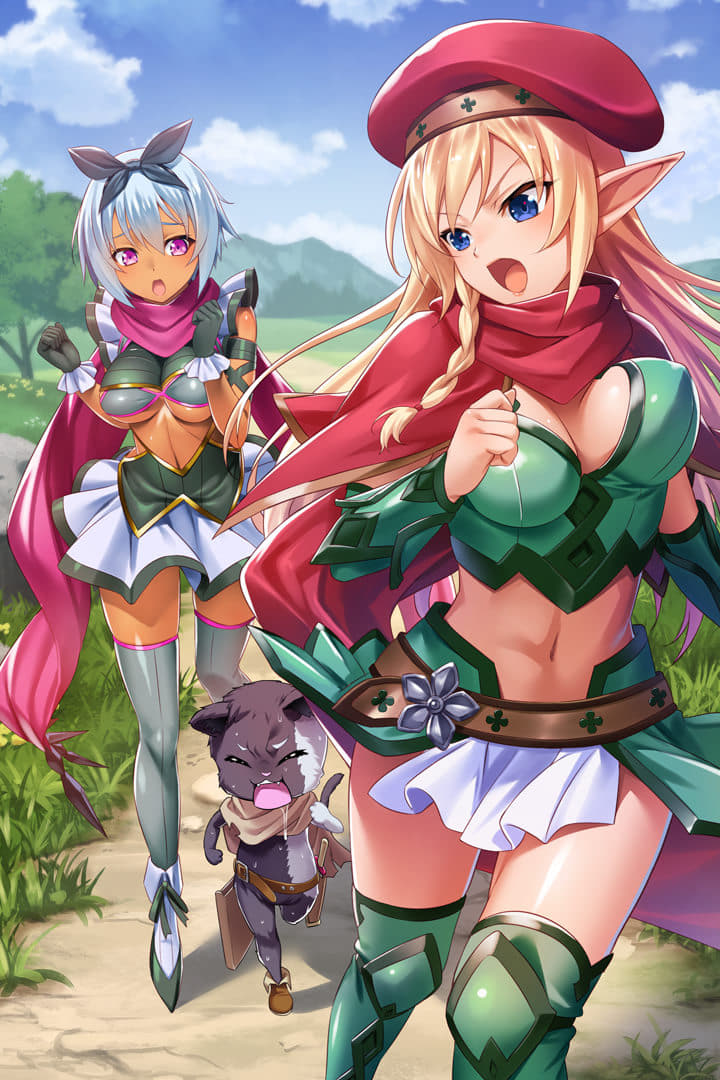 2girls alleyne_(queen's_blade) armor belt beret bikini_armor blonde_hair blue_eyes blue_hair blue_sky blush boots bouncing_breasts bow braid breasts cat cleavage covered_nipples day dress elf gloves grey_legwear hair_bow hat irma long_hair medium_breasts multiple_girls navel official_art open_mouth outdoors pink_eyes pointy_ears queen's_blade queen's_blade_unlimited queen's_blade_white_triangle running scarf short_dress short_hair side_braid skindentation sky sweat tan thigh_boots thighhighs tree very_long_hair