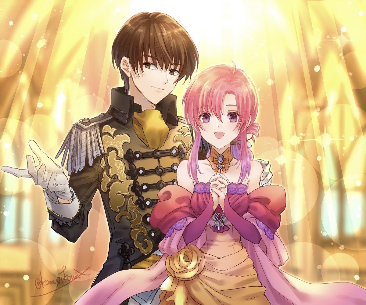 1boy 1girl bare_shoulders brown_eyes brown_hair couple ethlyn_(fire_emblem) fire_emblem fire_emblem:_genealogy_of_the_holy_war gloves hanasaki_komugi hands_together hetero open_hand open_mouth pink_eyes pink_hair quan_(fire_emblem) smile white_gloves