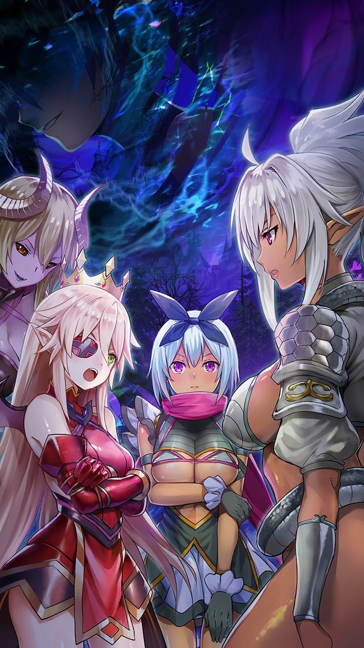 4girls aldra_(queen's_blade) armor armored_dress bangs black_sclera blue_hair bow breasts cleavage_cutout crown curled_horns dark_elf dark_skin delmore demon_girl demon_horns demon_wings dress echidna_(queen's_blade) elbow_gloves elf eyepatch gauntlets gloves greaves green_eyes hair_bow highres horns huge_breasts irma large_breasts lips long_hair makeup multiple_girls night no_panties pink_eyes pink_lips platinum_blonde_hair pointy_ears ponytail purple_skin queen's_blade queen's_blade_unlimited queen's_blade_white_triangle red_eyes revealing_clothes scarf short_dress short_hair sidelocks silver_hair skindentation snake tan very_long_hair wings